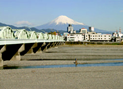 富士山を背景に見る安倍川の写真