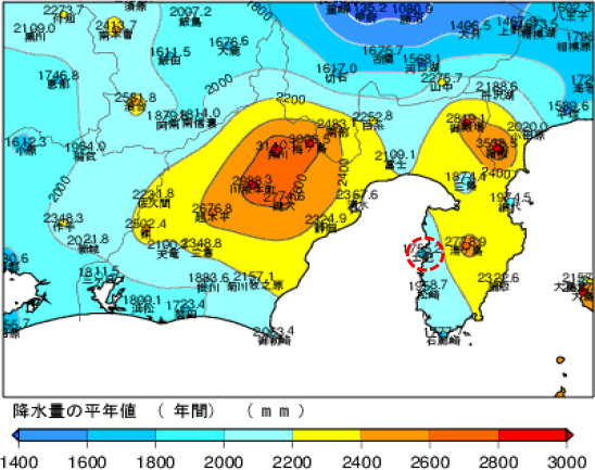 静岡県内の年間平均降雨量