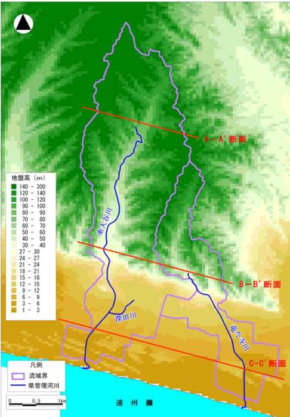 東大谷川及び竜今寺川流域標高分布図