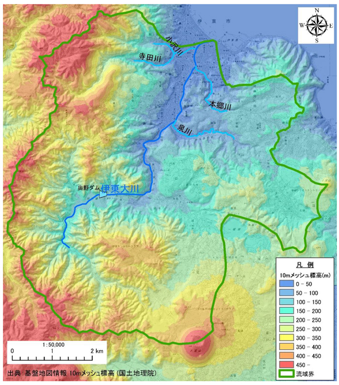 伊東大川流域の標高段彩図