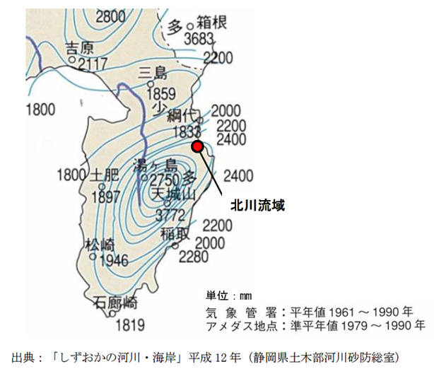 北川流域の年平均降水量分布図