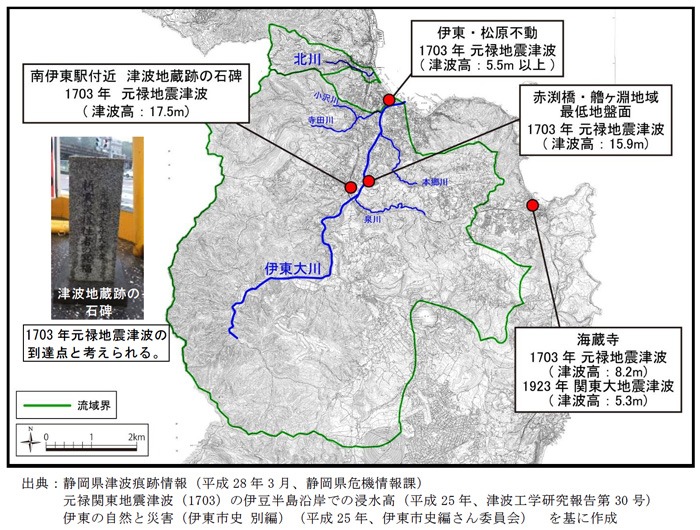 北川流域周辺の津波被害の痕跡