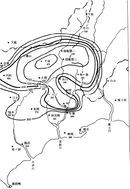 大井川流域の等雨量線図