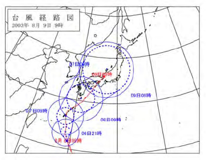 ８月６日９時の予報（72時間）と９月９時までの実況（朱線）
